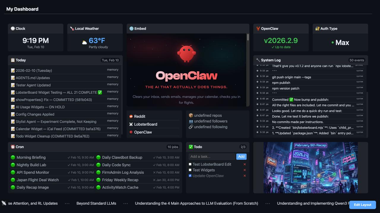LobsterBoard Dashboard Screenshot